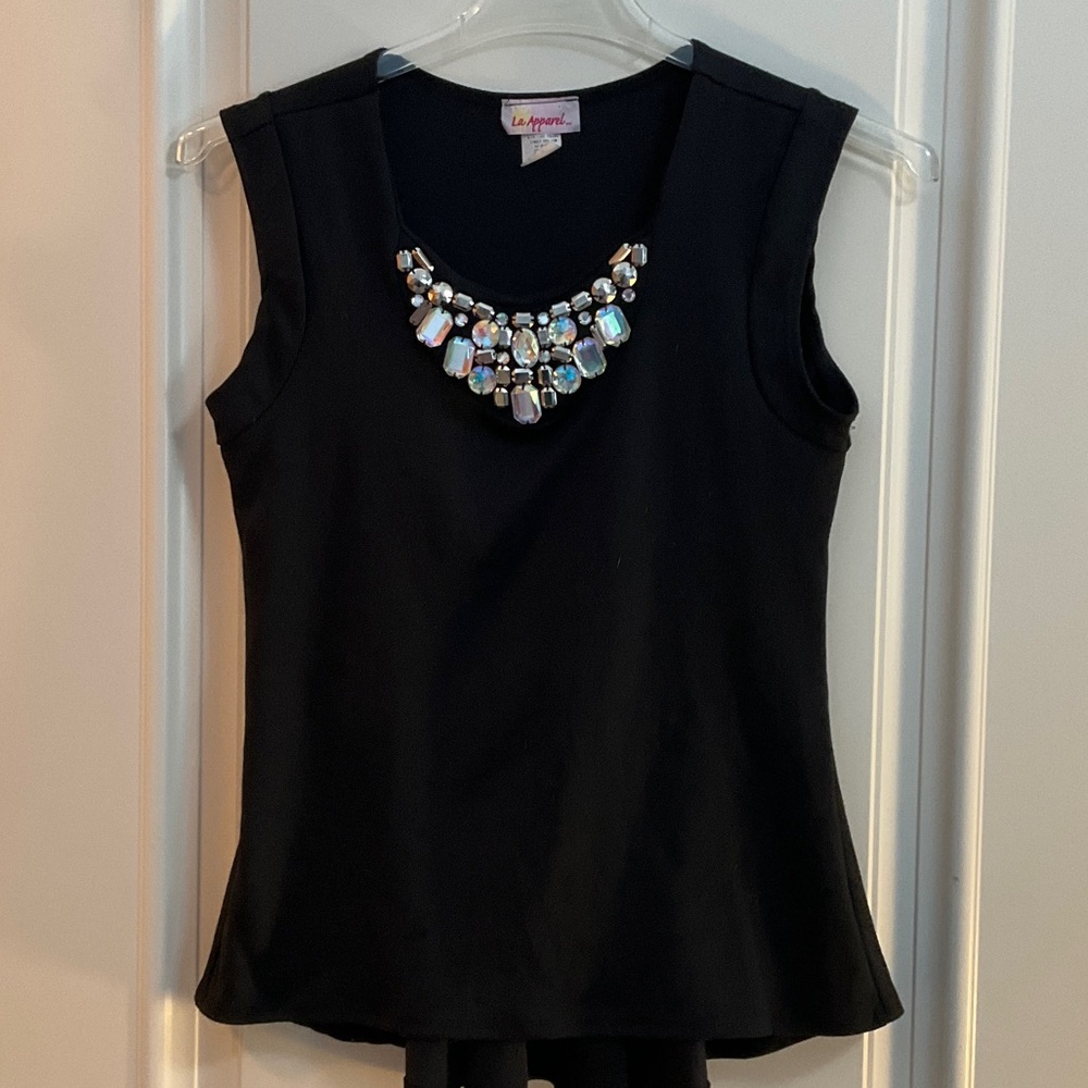 La Apparel Black Sleeveless Peplum Top with Embellished Rhinestone Bib Necklin